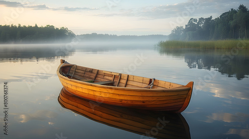 A serene scene of a wooden rowing boat on a calm lake, perfect for leisure and relaxation.