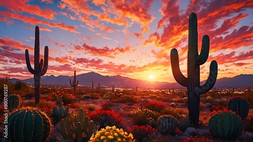 Sunset Celebration: A warm and inviting poster with cacti celebrating Cinco de Mayo under a beautiful Mexican sunset
