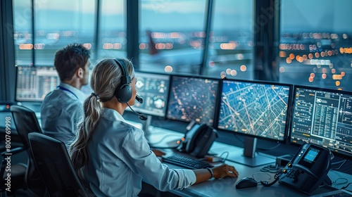 Diverse female and male air traffic controller working with headset talk watching and analysis navigation on monitor screen carefully.