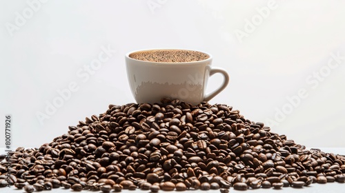 A cup of coffee inside a pile of coffee beans