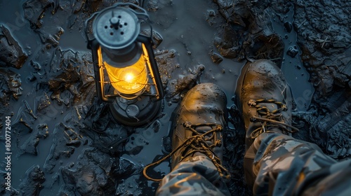 Close-up of muddy hiking boots and a glowing lantern on an adventurous trek