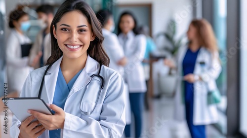 Confident Hispanic Female Doctor with Digital Tablet in Hospital