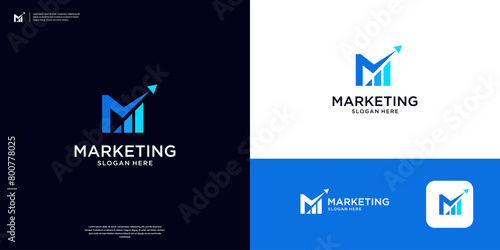 Letter M marketing growth logo design template. Abstract marketing symbol with growth diagram logo.