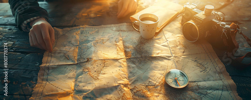 Overhead view of hands planning a route with a compass and a crinkled old map, coffee cup making a stain, early morning light