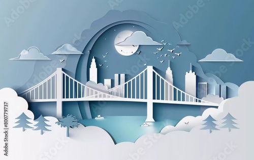 Bridge skyline panoramic view in excellent paper cut style vector illustration