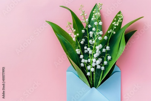 Spring lily of the valley in blue envelope on pink background, minimal spring concept, top view, flat lay. Floral spring composition