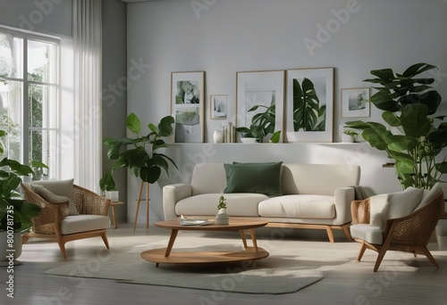 wall furniture plants frames thin room empty wooden living interior photo white created chairs minimalist monstera bookshelves