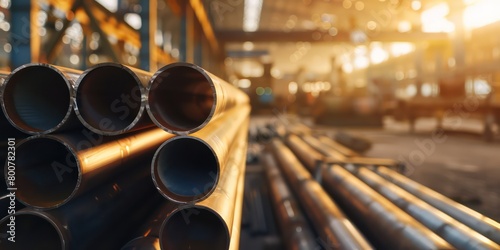 close up of stack of steel pipes in a warehouse or factory with a blurry background