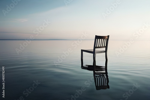 Chair standing in middle of a peaceful water surface, muted colors , sorrow or loneliness concept image.