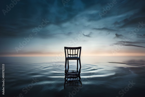 Chair standing in middle of a peaceful water surface, muted colors , sorrow or loneliness concept image.