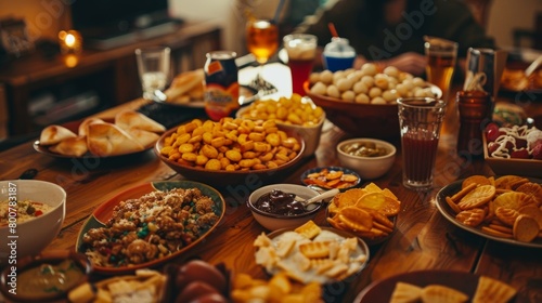 A table is filled with various snacks and drinks with nonalcoholic options for everyone to enjoy during the game night Olympics.
