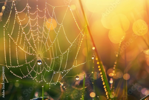 Hyperrealistic dew drops clinging to a spiderweb in a meadow, sparkling in the morning sunlight