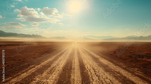 Outdoor Arizona western nature landscape background features a long, dusty road path through the hot, sandy desert. This setting creates a perfect vibe for a road trip, travel adventure, and explorati