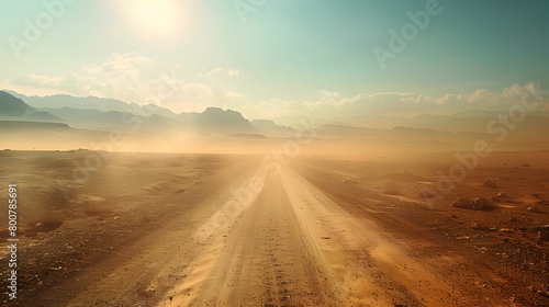Outdoor Arizona western nature landscape background features a long, dusty road path through the hot, sandy desert. This setting creates a perfect vibe for a road trip, travel adventure, and explorati