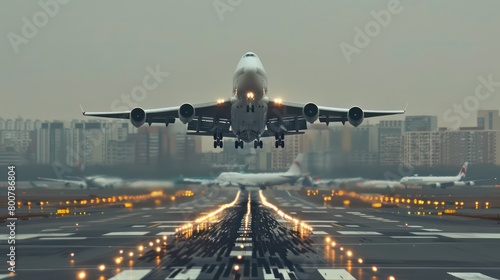  Passenger planes take off, up over the take-off runway from the airport