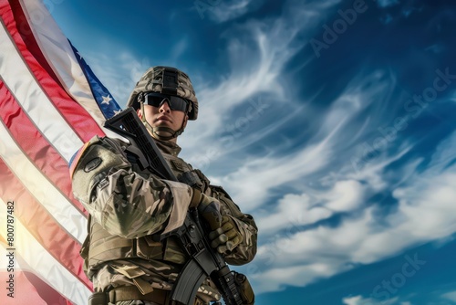 Portrait of a a soldier standing in full armor and weapons against a background