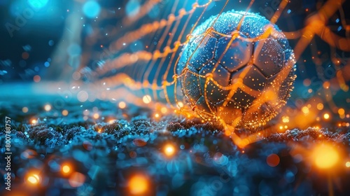 A 3D illustration capturing the moment a soccer ball enters the goal, with light flashes in the background.