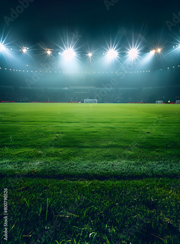 A brightly lit green soccer field with floodlights, ready for a game or competition.