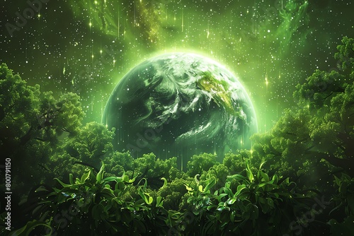 Planet Earth blossoming in verdant green from a futuristic orbital perspective