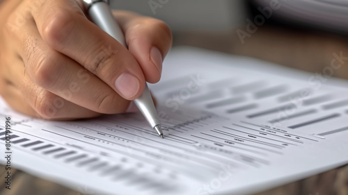 Focused view of a person's hand using a silver pen to mark answers on a detailed optical test sheet, reflecting academic evaluation. 