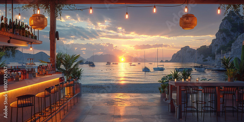 Realistic image of a beach bar in Spain with the sea in the background