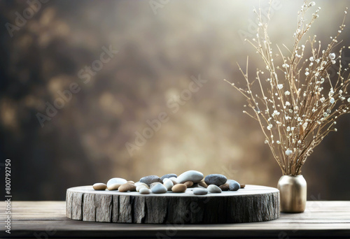 'Mock branches bright stones branding background board Rustic health presentation brown products objects podium care poduim dais wood wooden product pedestal wall table'