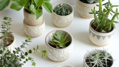 A series of handstamped ceramic markers each with a unique geometric pattern and the name of the plant carefully imprinted in crisp clean lines..