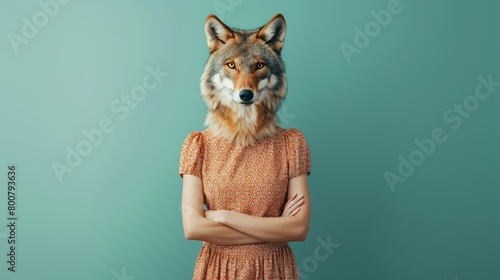 A woman with the head of a wolf is standing in front of a blue background. She is wearing a brown dress with white polka dots and has her arms crossed.