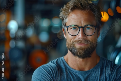 Portrait of a handsome man with beard and glasses in the gym