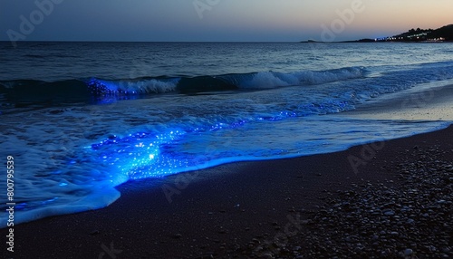 bioluminescent plankton on a dark beach