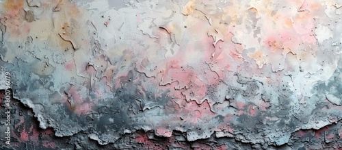 Fragmented layers of paint are visibly peeling off a weathered wall surface, revealing the worn texture underneath