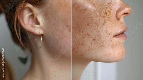 A closeup of a before and after shot of a womans neck revealing a visible decrease in age spots and heightened firmness..