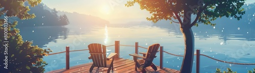 Capture the serene morning at a lakeside homestay The first rays of the sun illuminate the dewcovered wood of the deck