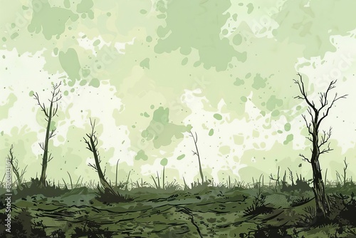An afterfire scene showing a barren landscape with sporadic signs of life reemerging Utilize a muted color scheme to highlight the devastation yet seed hope with spots of green ind