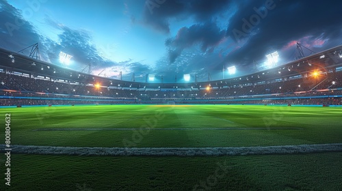 Night falls over a cricket stadium, showcased in a 3D illustration.