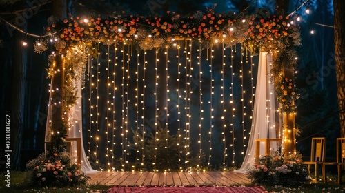 Blank mockup of a romantic outdoor stage design featuring a flower arch and string lights for a dreamy New Years Eve wedding reception. .