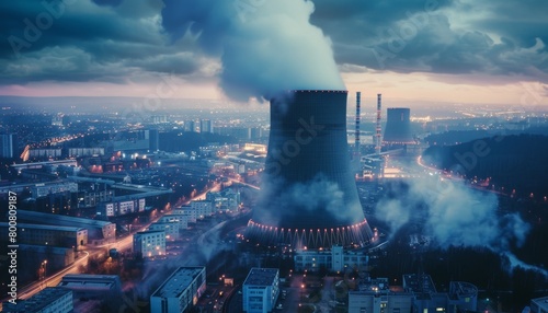 Thermal Power Plant at Twilight Over Urban Area.