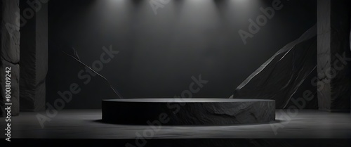 black podiums forming a cylinder on dark background with shadows. Perfect platform for showing your products