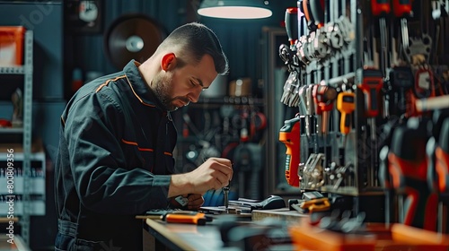 A knowledgeable locksmith in a black work outfit, crafting keys and ensuring security 