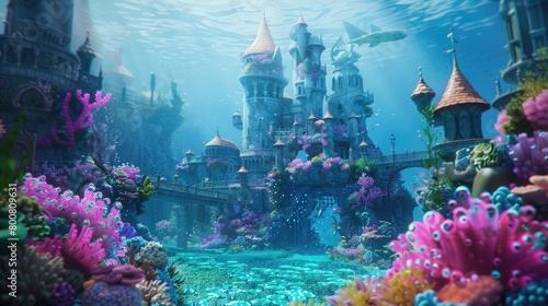 A magical underwater fairytale with castles made of coral and enchanted sea creatures 