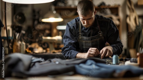 A master tailor in a black work uniform, meticulously sewing and altering garments 