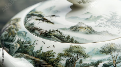 A handpainted porcelain teapot featuring a scenic landscape with rolling hills trees and birds all delicately crafted onto the surface..