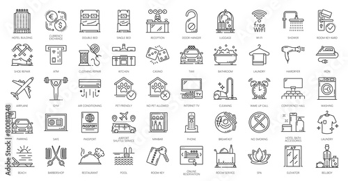 Hotel service icons, vector travel, tourism and vacation. Thin line room service breakfast, bed, bath and shower, hotel restaurant, reception, key and pool, luggage, bar, gym and passport symbols