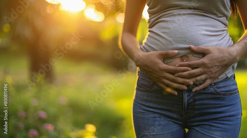 Pregnant woman holding her belly in a sunlit garden, depicting maternity and the beauty of impending motherhood.