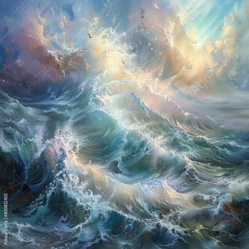 pastel tidal waves in a fantasy seascape painting, mythical creatures swimming beneath the surface
