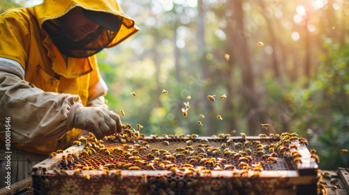 A beekeeper is working with a hive of bees