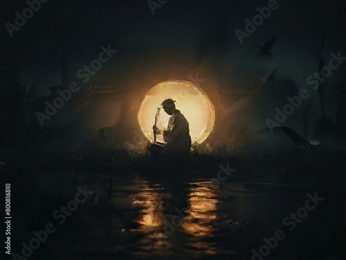 man with a sword stands by a waterhole at night