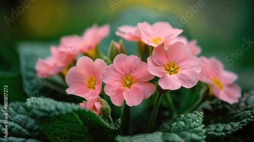 A close-up of pink primroses with yellow centers. The flowers are in focus and have a blurred background.