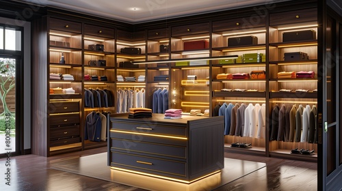 A sleek boutique closet with backlit shelves and a center island dresser