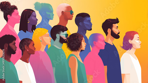 Different people stand together, each with their own unique hue and personality. The background is a gradient from light pink to dark pink, creating an atmosphere of unity. This visual representation 